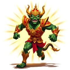 Giant, Demon, Fierce green warrior wearing a traditional demon mask, wearing golden armor, and the character represents strength and determination, and looks mysterious.
The fierce green warrior weari