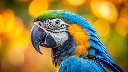 Obraz premium A Vivid Portrait of a Blue and Yellow Macaw, Its Feathers Shimmering in the Golden Sunlight, Its Sharp Eye Piercing the Lens