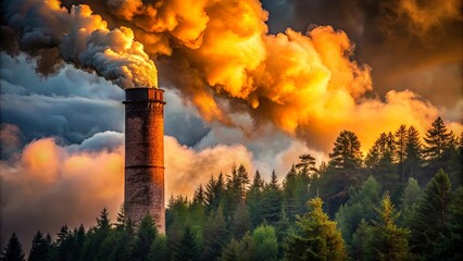 Obraz premium A solitary brick chimney releases a plume of smoke, engulfing the surrounding forest in an ominous golden haze.