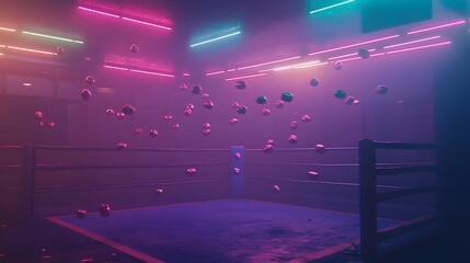 Futuristic boxing ring with neon holographic punches flying through the air representing the advanced technology and digital nature of the combat sport