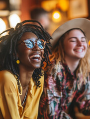 Two stylish young women sharing genuine laughter, one wearing a yellow blouse and reflective sunglasses with locs, the other in a floral dress and wide-brim hat, captured in warm ambient lighting.