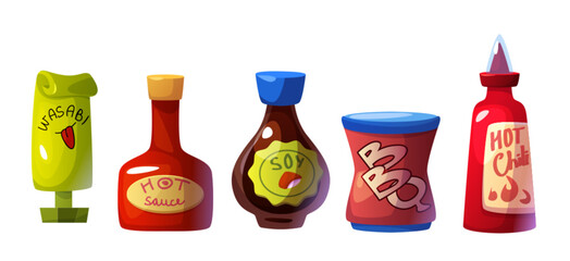 Sauce bottles set isolated on white background. Vector cartoon illustration of asian wasabi and soy condiment, BBQ dressing for meal, hot chili ketchup, cafe kitchen or food store design elements