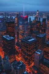 Aerial View of Skyscrapers with Illuminated Windows at Night