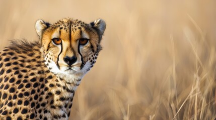 Obraz premium A close-up of a cheetah gazing intently, showcasing its distinctive spotted coat and expressive features against a soft, golden background.