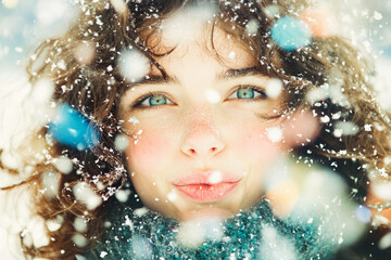 Close-up portrait of a young woman with curly hair and green eyes blowing colorful confetti in the snow. The snow is falling heavily, with soft, pastel colors and an ethereal, dreamy effect. 