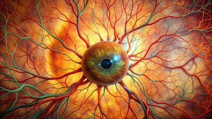 A central eye, surrounded by a web of intricate veins, pulsates with vibrant hues on an abstract background.