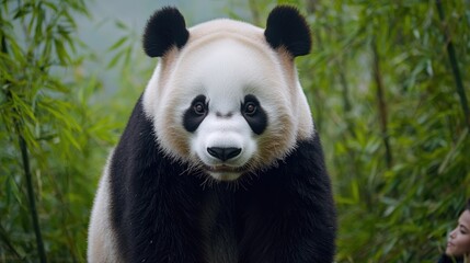 Fototapeta premium A large panda stands amidst lush greenery, showcasing its distinct black and white fur, embodying the tranquility of its natural habitat.
