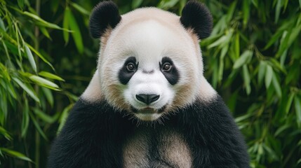Obraz premium A charming panda poses amidst lush bamboo, showcasing its distinctive black and white fur with a serene expression.