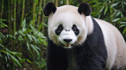 Obraz premium A panda stands in a lush green environment, showcasing its distinct black and white fur while droplets of water cling to its face.