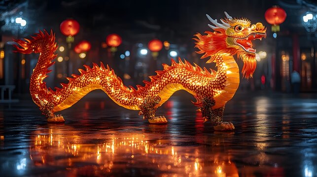 Vector illustration of a dragon dance parade with bright red lanterns hanging across the street, celebrating the upcoming Lunar New Year
