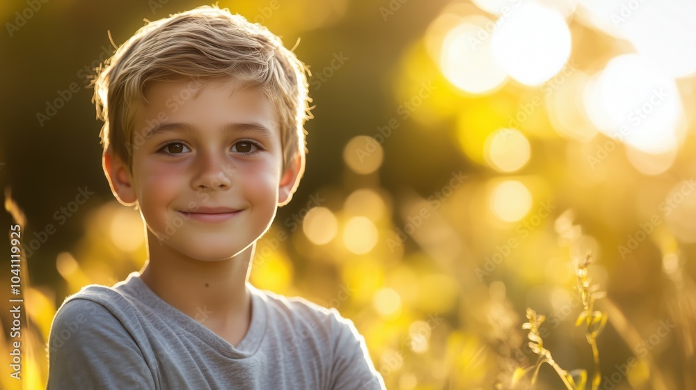 Sticker Smiling boy in golden sunlight, surrounded by nature, soft bokeh background