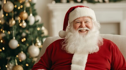 Joyful Santa Claus Sitting by Christmas Tree - Festive Holiday Cheer