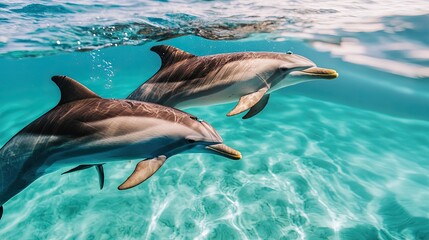 Obraz premium Two dolphins gracefully swim through crystal-clear turquoise waters, showcasing their agility and playful nature in the serene marine environment.