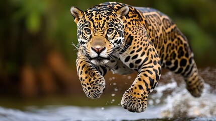 A powerful jaguar leaps through water, showcasing its stunning coat and agility in a natural setting.