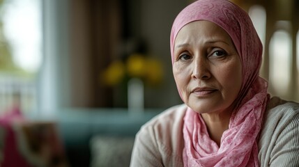 A older woman with cancer, wearing a pink scarf, looks directly into the camera Breast Cancer support