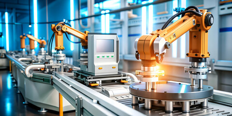 Glossy Background AI Assisted Manufacturing Elements Robotic Arms Digital Circuits Data Streams Advanced Technology Production Ample Copy Space Photo Stock Concept