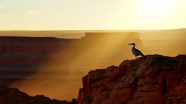 Zooming in on golden hour glow, wide video of a mesa at sunrise in the American Southwest. red rock formations, roadrunner.