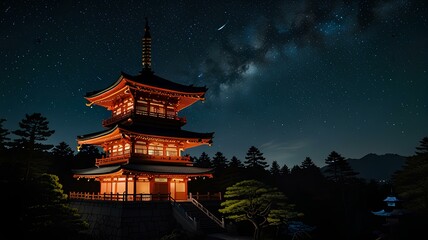 Japanese Temple Amidst Night Sky Illuminated.