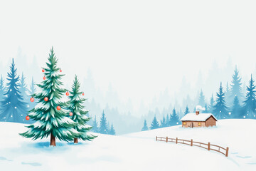 Naklejka premium Winter wonderland scene with snow-covered trees and cozy cabin for holiday cards