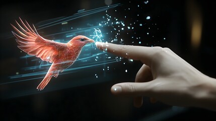 Futuristic animal hospital equipped with advanced holographic technology to analyze bird wing fractures and provide comprehensive veterinary care and rehabilitation for injured animals using the