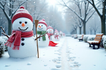 Fototapeta premium Cheerful snowmen in winter park with snowfall and red hats for holiday season