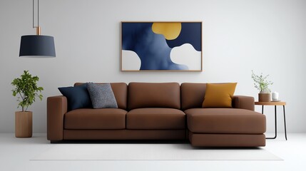 Contemporary living room with a modular leather sofa, minimalist decor, and large abstract art, contemporary modular living room, sleek and stylish