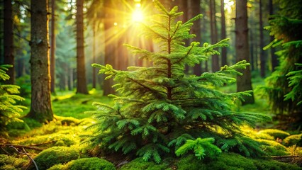Obraz premium A solitary pine tree stands tall in a dense, sun-drenched forest, its emerald foliage catching the golden rays of the morning sun, casting long shadows across the moss-covered ground.