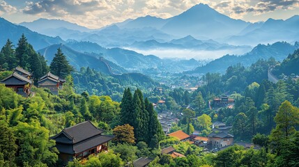 Obraz premium Serene Mountain Village with Great Wall Background