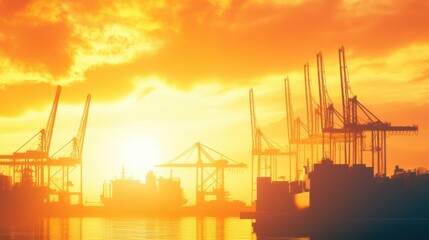 Obraz premium A modern port at sunrise, with towering cranes and cargo ships against a glowing sky, showcasing global trade's vibrancy
