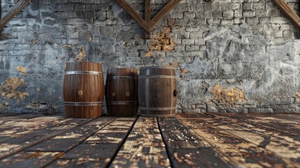 Naklejka premium Two wooden barrels sit on top of a wooden floor, perfect for rustic or country-themed settings