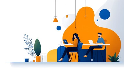 Vibrant co working environment with freelancers and entrepreneurs working together at desks and in meeting rooms