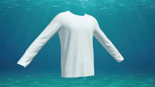 Stain remove from cloth animation 4k render. 3d animation of cloth washing and whitening process. Gradient blue water bubbles fly around the t shirt and clean the fibers.