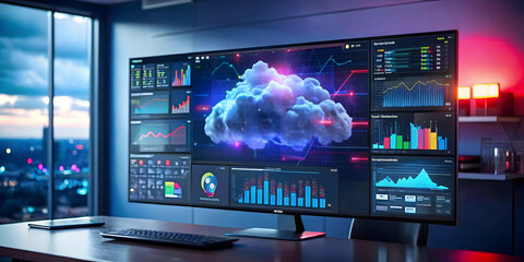 Glossy Cloud Network Operations Dashboard Photo Large Screen Modern Office Real Time Monitoring Management Ample Copy Space Stock Image Concept