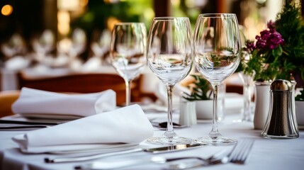 A table set with three wine glasses, a white tablecloth, a napkin, silverware, and a small plant in the background.