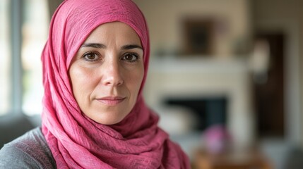 A older woman with cancer, wearing a pink scarf, looks directly into the camera Breast Cancer support