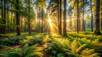 Golden Rays Illuminate a Verdant Forest Floor, Where Sunlight Filters Through the Dense Canopy, Casting Long Shadows on the Lush Fern-Covered Ground