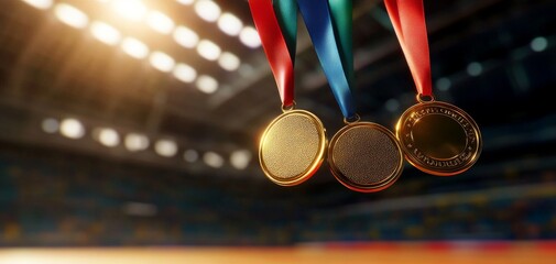 A close-up of three gold medals hanging on colored ribbons, symbolizing achievement and success in a sports context.