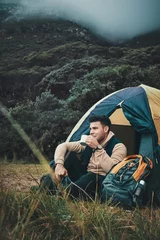 Fotobehang Peace, camping and coffee with man on mountain for explore, travel and adventure. Challenge, wellness and thinking with person and tent in nature for backpacking vacation, fitness and environment © peopleimages.com