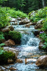 Fototapeta premium Tranquil Stream Flowing Over Rocks in a Lush Forest