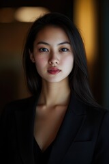 Fototapeta premium Professional woman in a black suit posing for a photo shoot