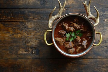 A warm and inviting bowl of stew served with antlers as a centerpiece, great for rustic or hunting-themed images