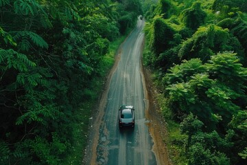 Obraz premium A vehicle travels along a winding road flanked by trees, suitable for use in travel or landscape photography