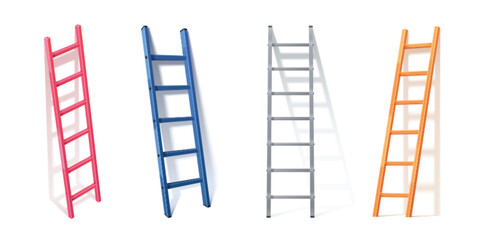 3d vector ladder leaning on white wall with shadow. Realistic illustration set of metal stepladder in different angles. building and renovation climbing aluminum construction. Portable steel staircase