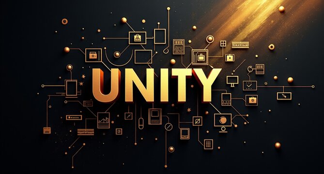 Unity in black and gold with diagonal shapes, TV screens, and fact-check icons, representing truth in media. Texture overlays and spatial hierarchy add depth to the theme of cohesive communication.