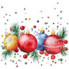 Colorful Christmas ornaments with festive decorations on a white isolated background.