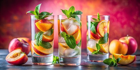 Refreshing Peach and Mint Infused Beverages in Tall Glasses with Ice Cubes on a Rustic Wooden Table
