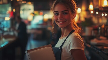 A woman holds a box of pizza in a cozy restaurant setting, perfect for capturing the warmth and comfort of sharing a meal with friends or family