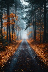 Fototapeta premium Misty Forest Path with Golden Leaves in Autumn