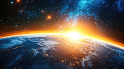 Panoramic view of the Earth stars and galaxy in a 3D cartoon rendering Sunrise over planet Earth as seen from space