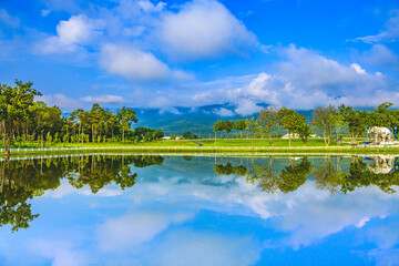 Fototapeta premium Landscape Series : Beautiful public park 120 rai for exercising and relaxation at Chiang Mai Province